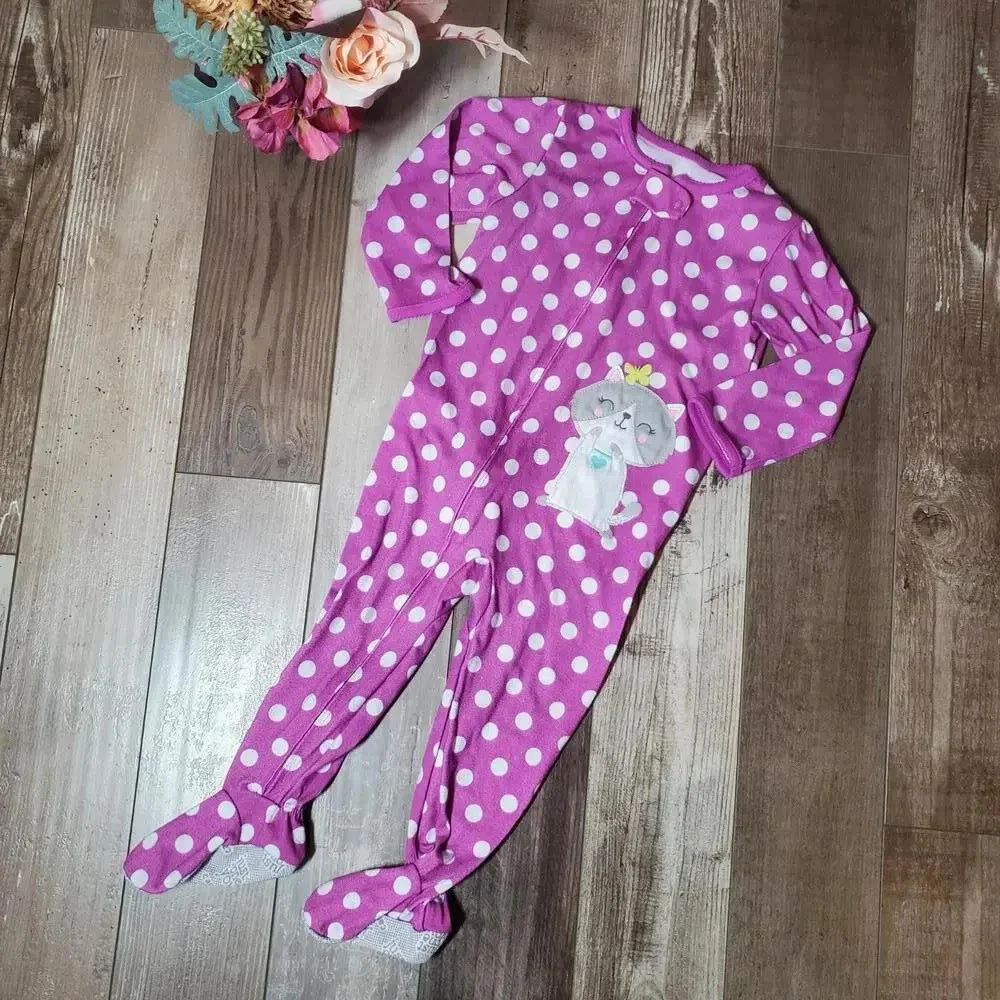 Carter's Toddler Girl Size 2T Purple Polka Dot Cat Footed Fleece Pajamas PJs EUC